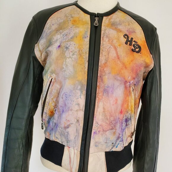 Harley leather vintage motorcycle jacket black white rainbow biker bomber small
